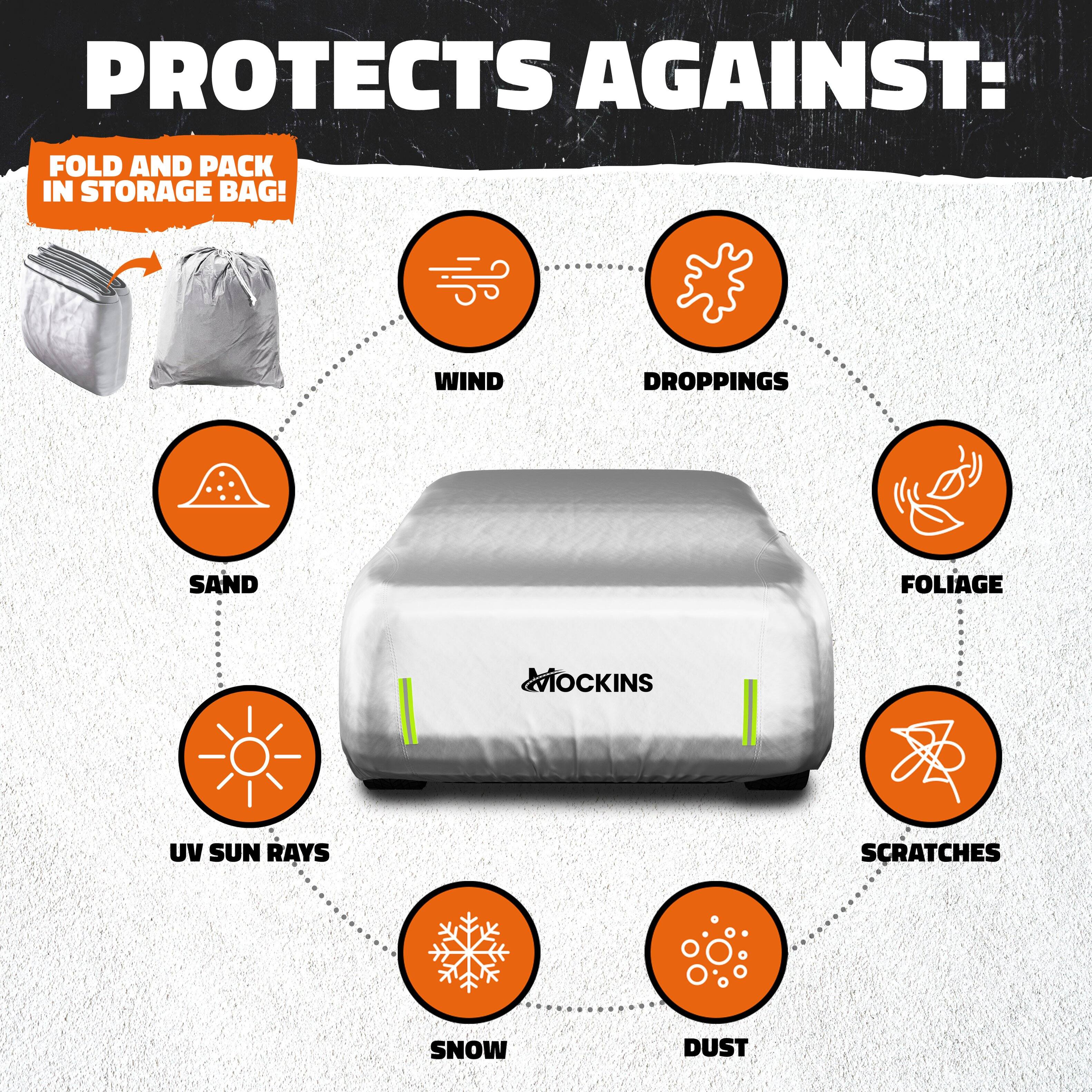 PROTECTS AGAINST:

FOLD AND PACK IN STORAGE BAG!

- WIND
- DROPPINGS
- SAND
- UV SUN RAYS
- SNOW
- FOLIAGE
- SCRATCHES
- DUST