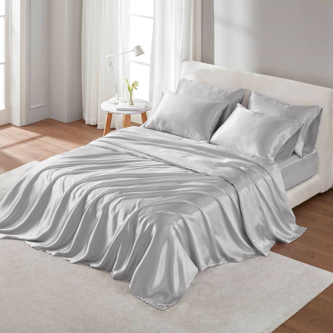 Alt View 1. Gracie Mills - Gracie Mills Coralie 6-Piece Wrinkle-free Satin Sheet Set - Light Grey.