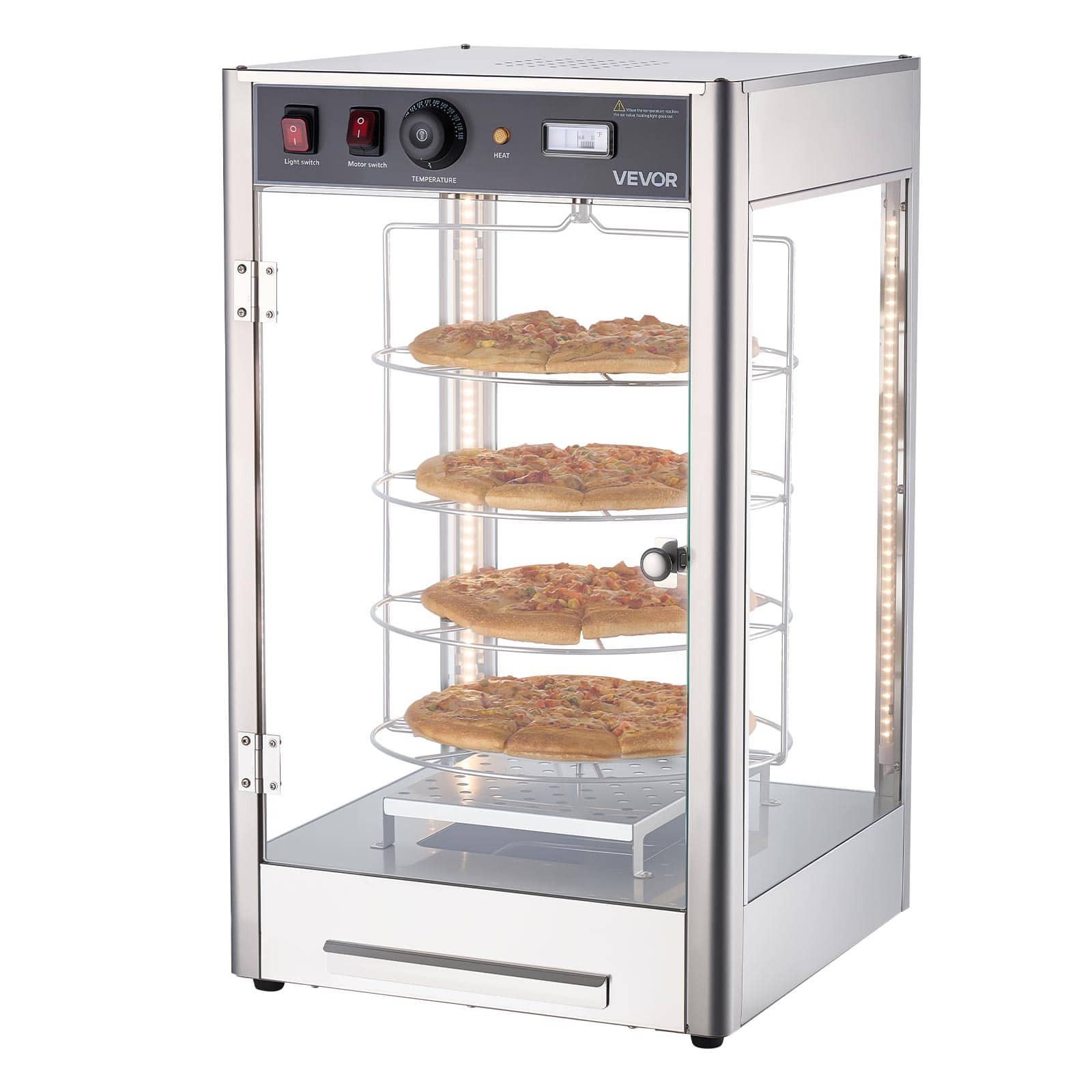 VEVOR - Commercial Food Warmer Display, 4-Tier Pizza Warmer with Rotary Steam Heating for 14 in Pizza, 86℉~185℉ Temperature - Silver