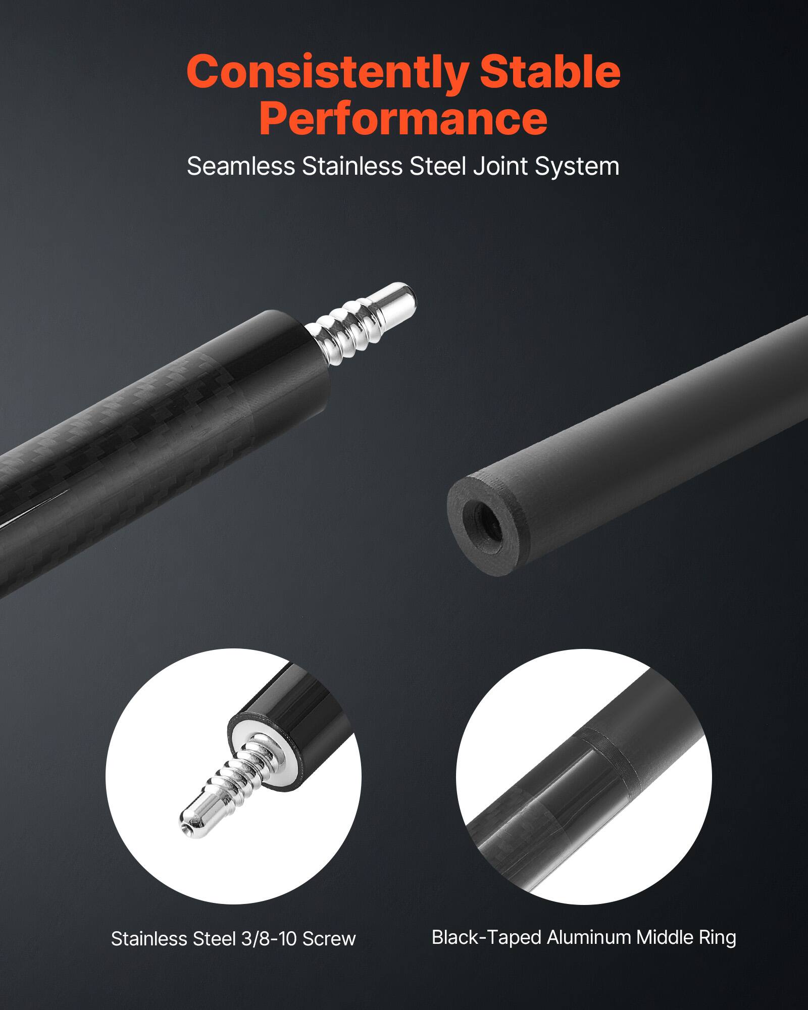 Consistently Stable Performance  
Seamless Stainless Steel Joint System  

Stainless Steel 3/8-10 Screw  
Black-Taped Aluminum Middle Ring