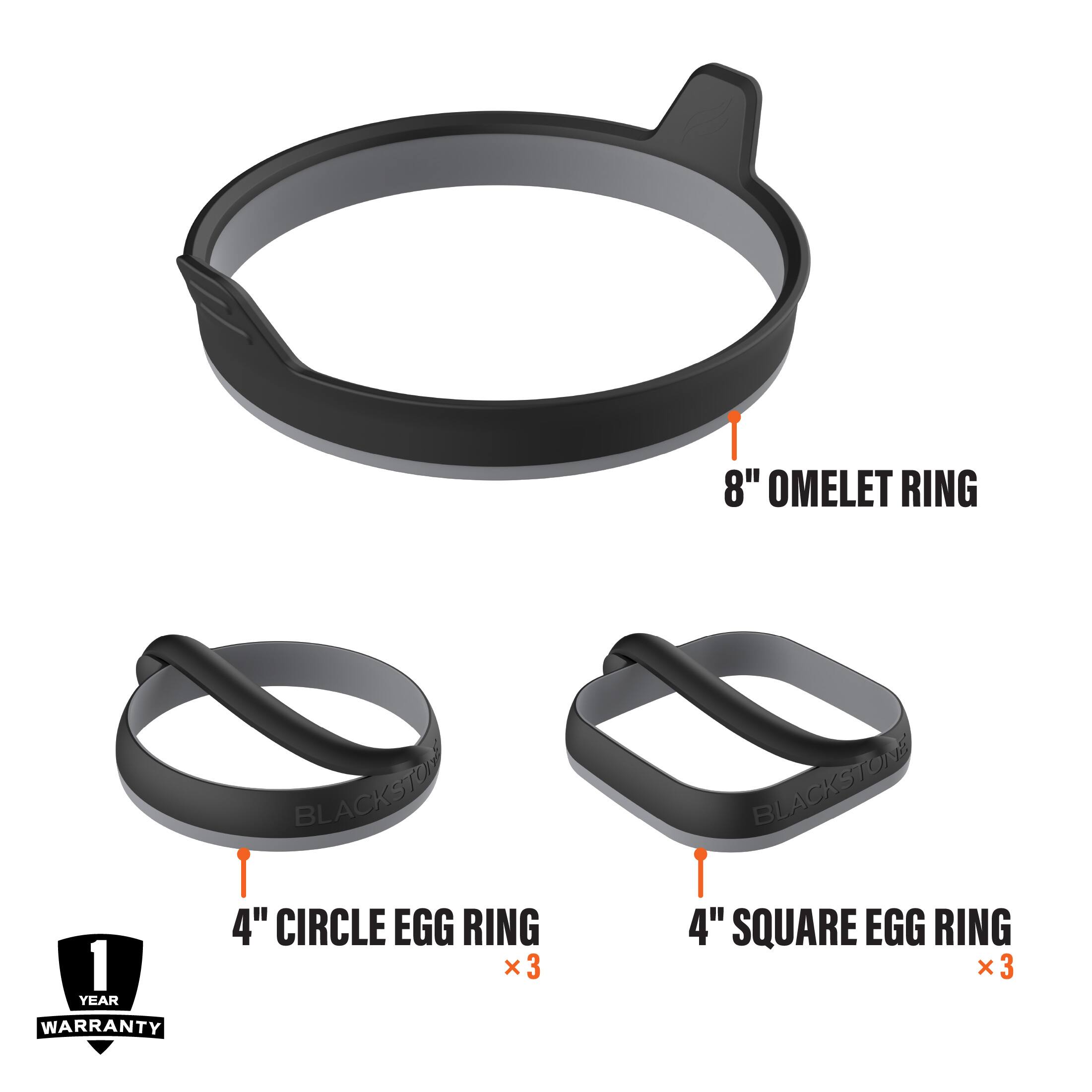 8" Omelet Ring with 1-year warranty. Blackstone 4" Circle Egg Ring x3. Blackstone 4" Square Egg Ring x3.