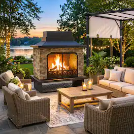 SUNJOY - Atticus Outdoor Wood Burning Fireplace with Steel Chimney, Spark Screen Doors, Poker & Grate, Copper & Black - Copper and Black