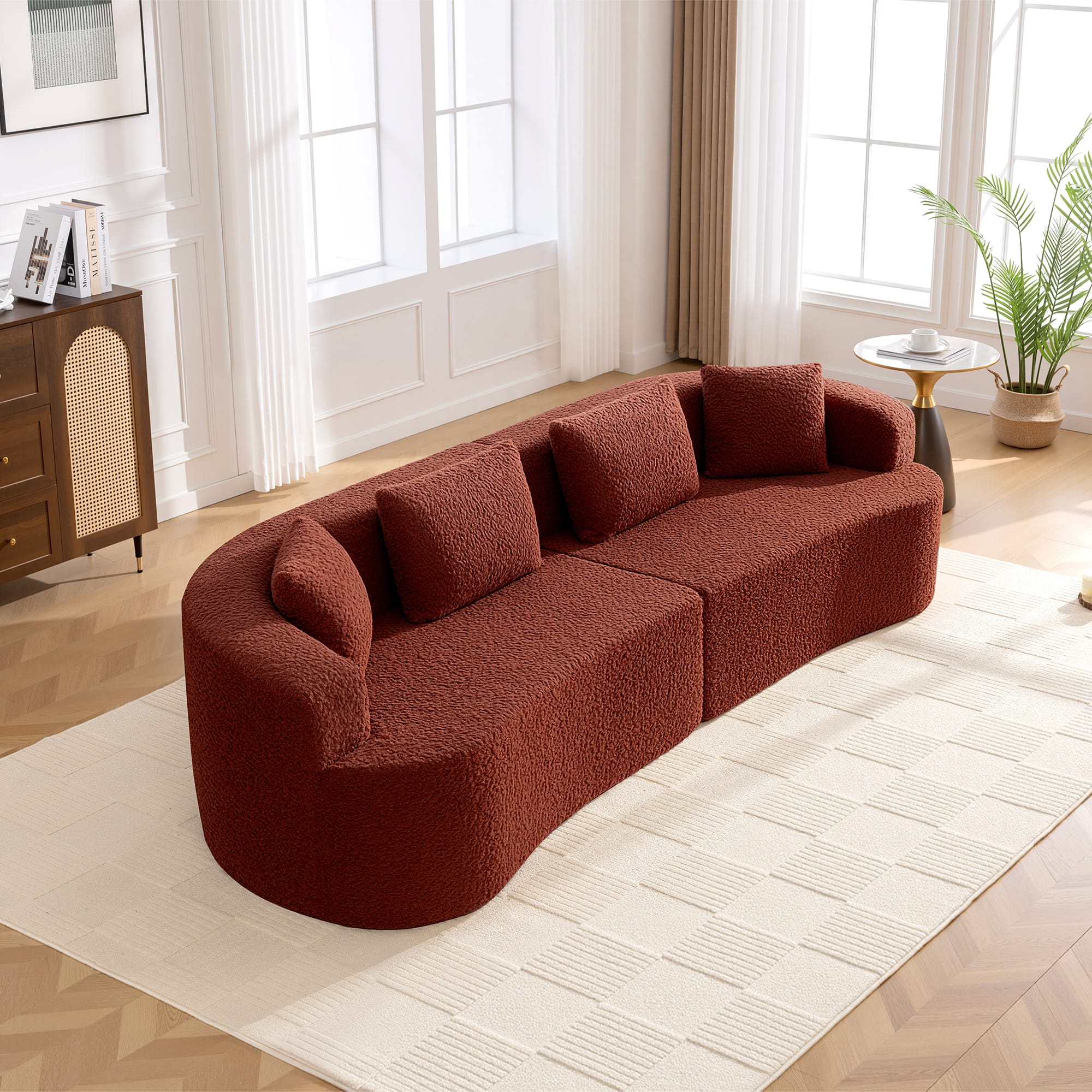 Brick Attic - 113 Wide Boucle Upholstered Curved Sofa with 4 Pillows,High Denslysponge  Half Moon Living Room Sofa - Red