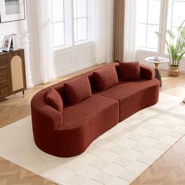 Brick Attic - 113 Wide Boucle Upholstered Curved Sofa with 4 Pillows,High Denslysponge Half Moon Living Room Sofa - Red