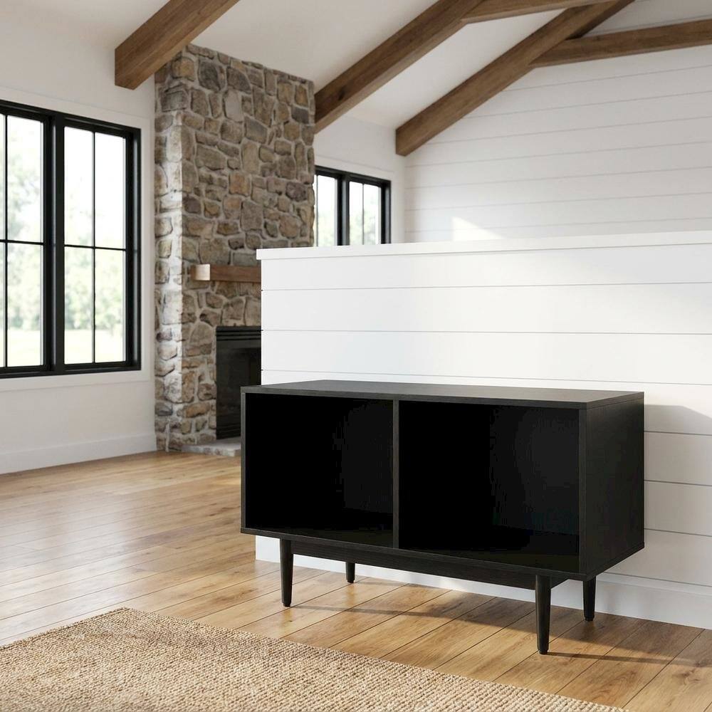 Alt View 4. FurniFact - Black Record Player Stand with Vinyl Storage Shelves - Black.