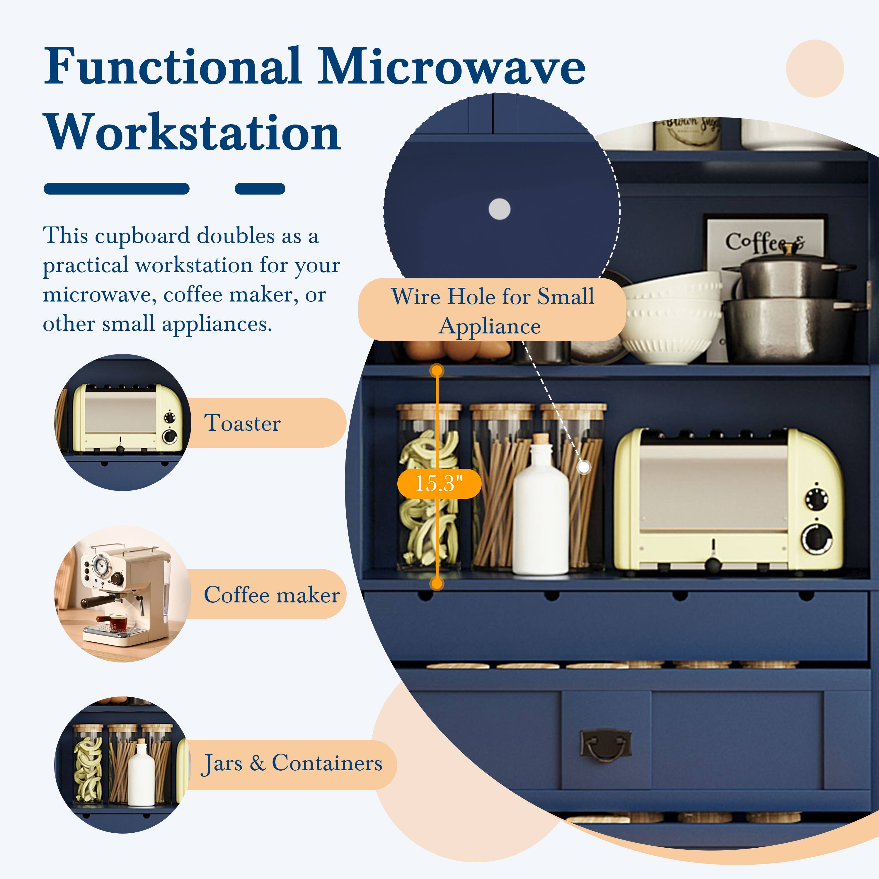 Functional Microwave Workstation  
This cupboard doubles as a practical workstation for your microwave, coffee maker, or other small appliances.  
Wire Hole for Small Appliance  
Toaster  
Coffee maker  
Jars & Containers  
15.3"