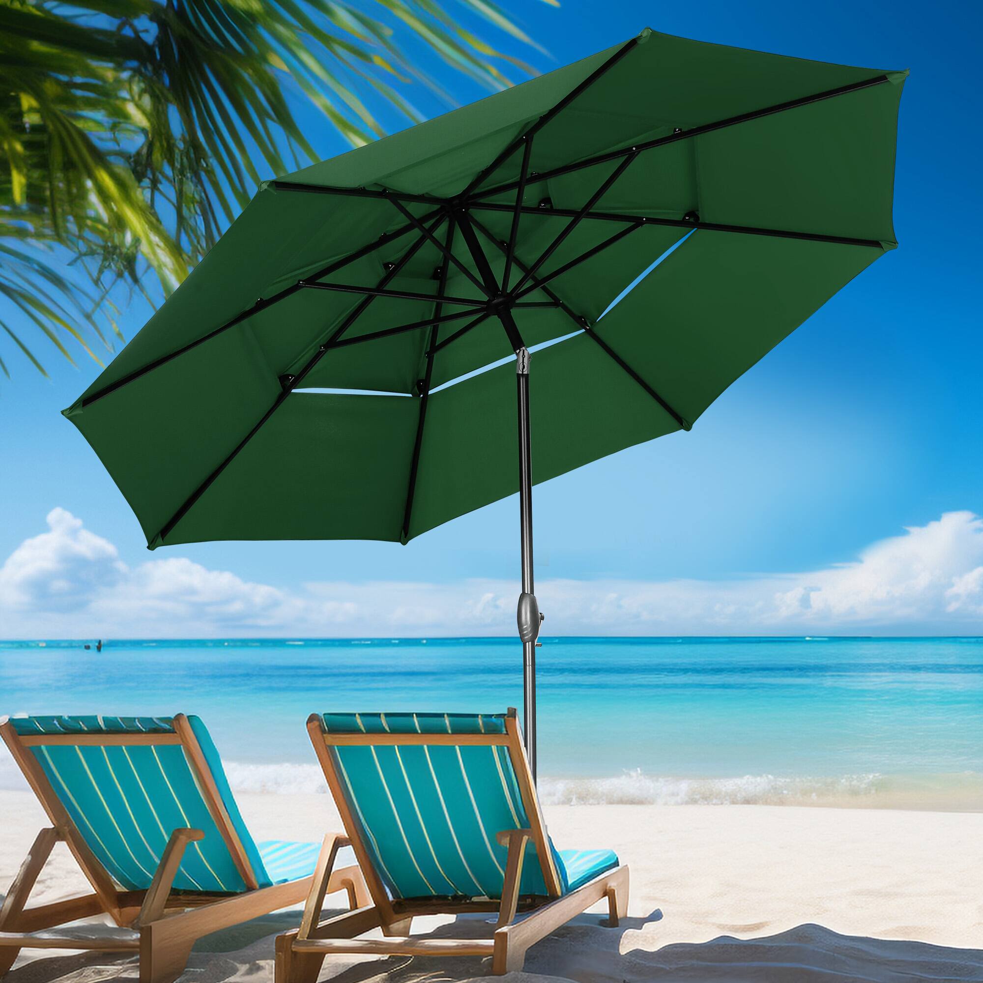Back. Ainfox - Ainfox 10 FT 3-Tier Patio Umbrella with Base Outdoor Market Umbrella with Crank and Tilt for Garden Lawn Backyard Pool - Green.