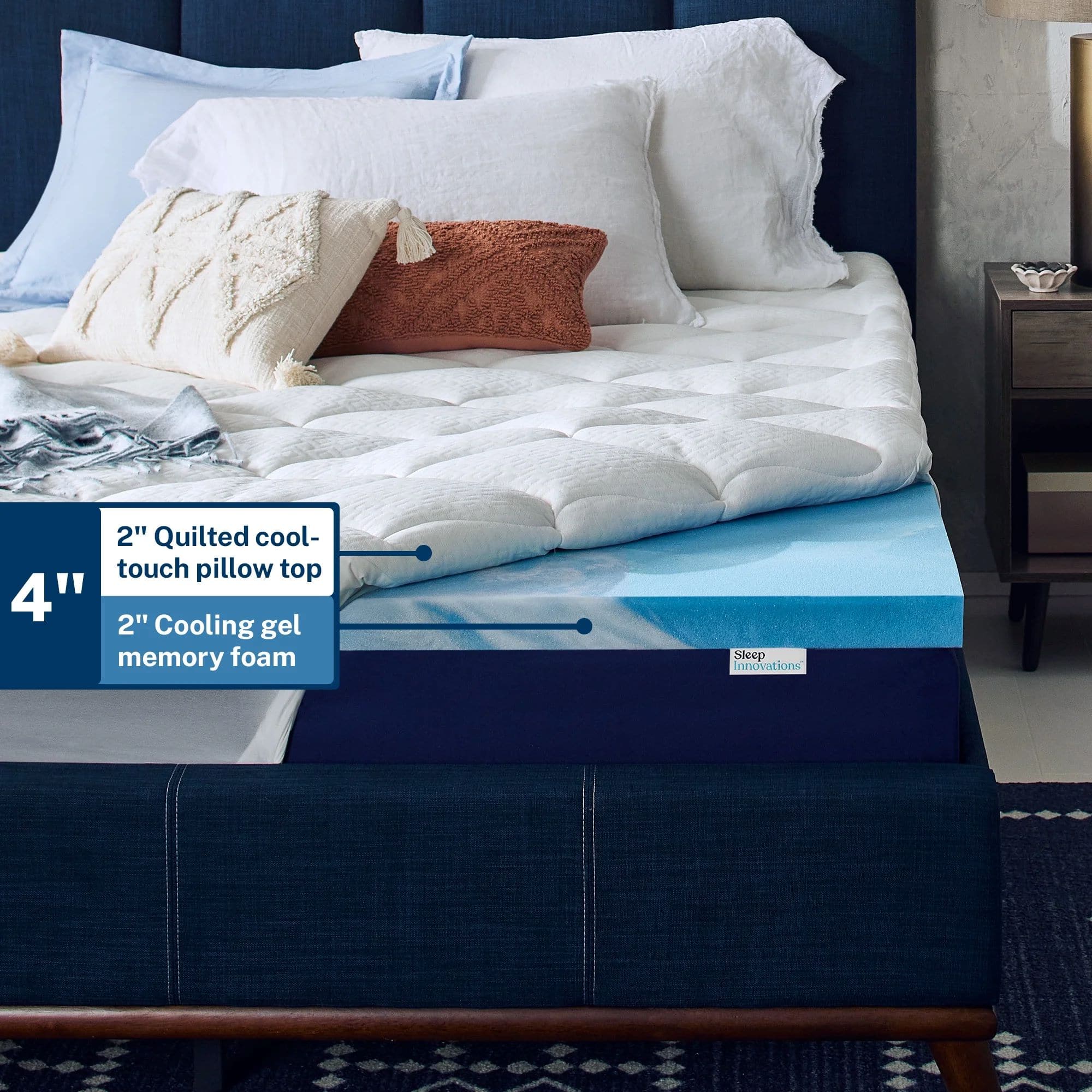 The text on the image reads: "2" Quilted cool-touch pillow top 4" 2" Cooling gel memory foam Sleep Innovations."