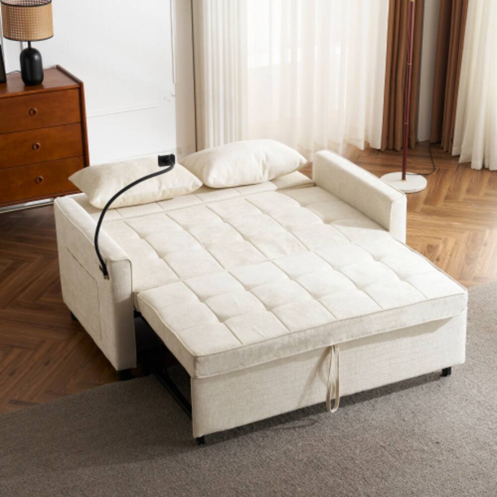 Back. LUCKY ONE - 56.9" Pull-Out Loveseat Sleeper Sofa Bed w/ Reversible Backrest USB Ports Phone Holder - Beige.