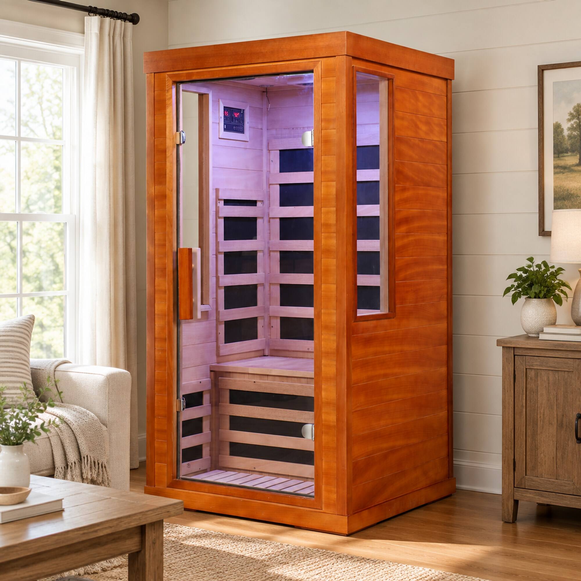 Alt View 1. RYHNUYNE - One Person Far Infrared Sauna, Okoume Wood, 31.5 x 31.5 x 63.3 in, 7 Carbon Fiber Heaters, Bluetooth Audio - Natural.