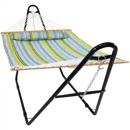Sunnydaze - 2-Person Quilted Hammock with Universal Steel Stand - Blue and Green