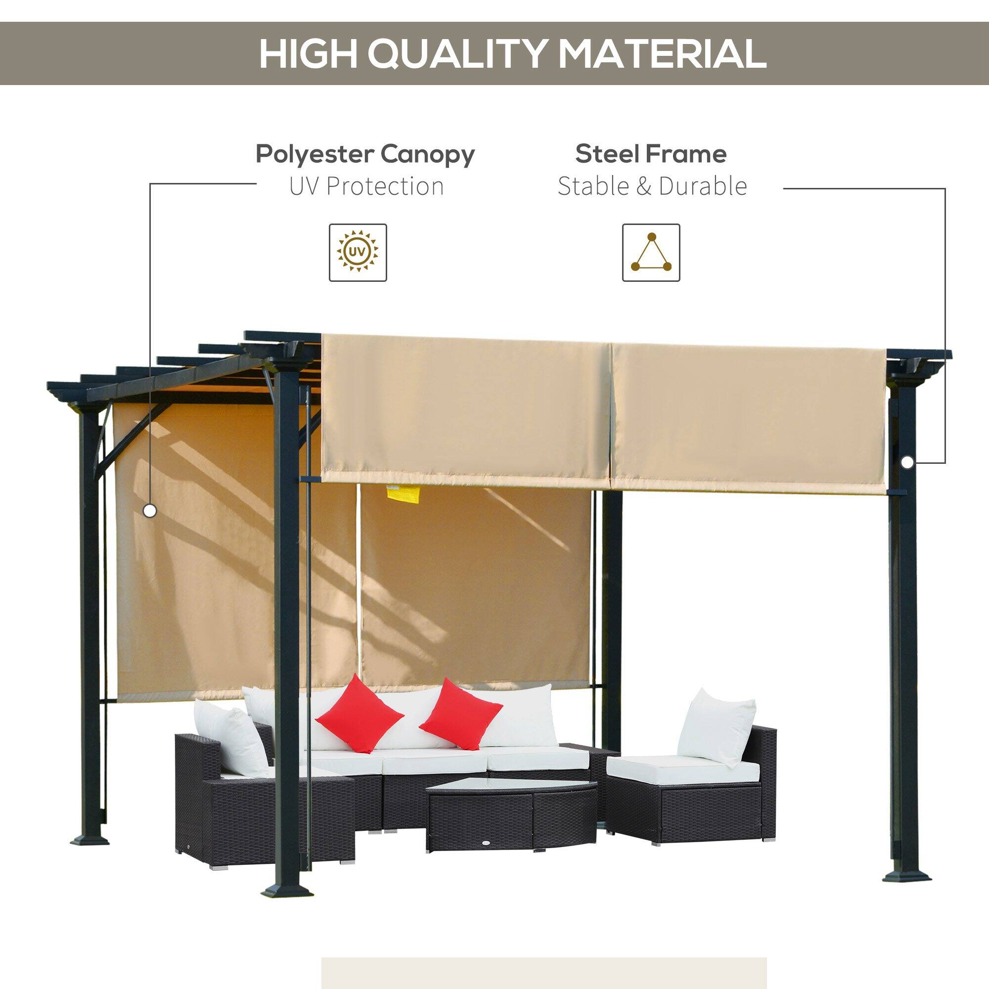 HIGH QUALITY MATERIAL
Polyester Canopy UV Protection
Steel Frame Stable & Durable