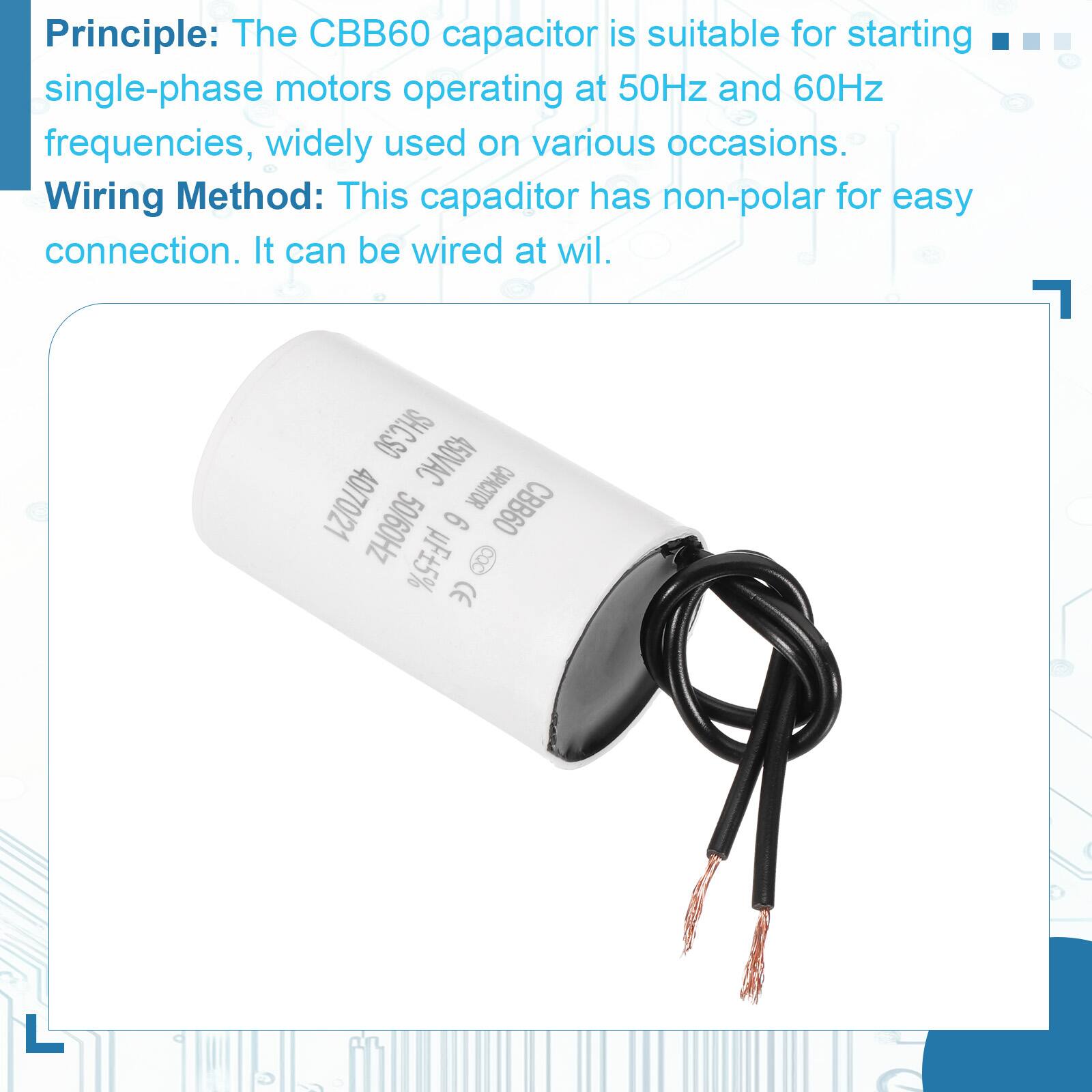 Principle: The CBB60 capacitor is suitable for starting single-phase motors operating at 50Hz and 60Hz frequencies, widely used on various occasions.

Wiring Method: This capacitor has non-polar for easy connection. It can be wired at will.

SH.C.SO 450VAC 40/70/21 CAPACITOR CBB60 50/60Hz 9 F5% CE