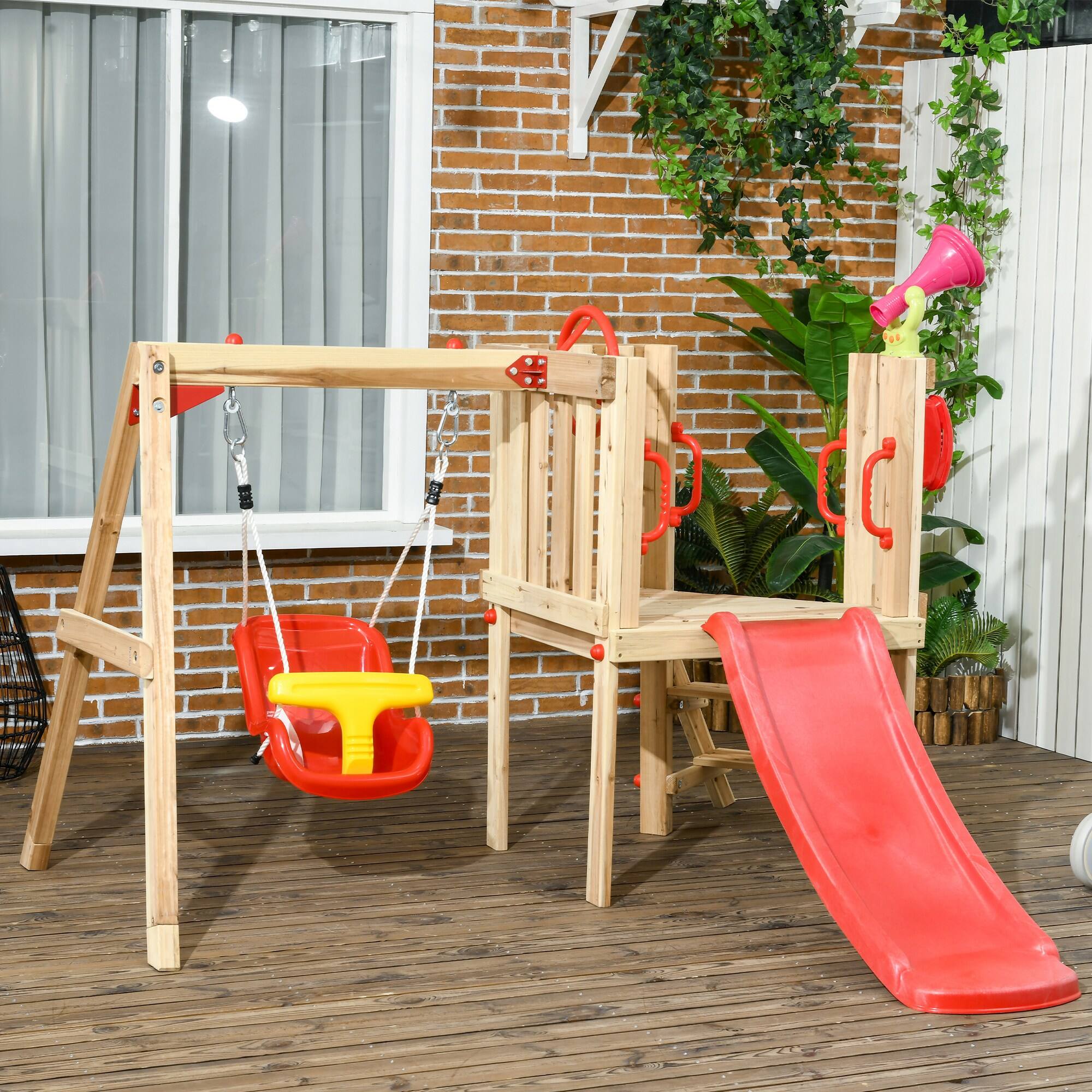 Alt View 1. Outsunny - Wooden Swing Set with Swing, Slide, Horn.