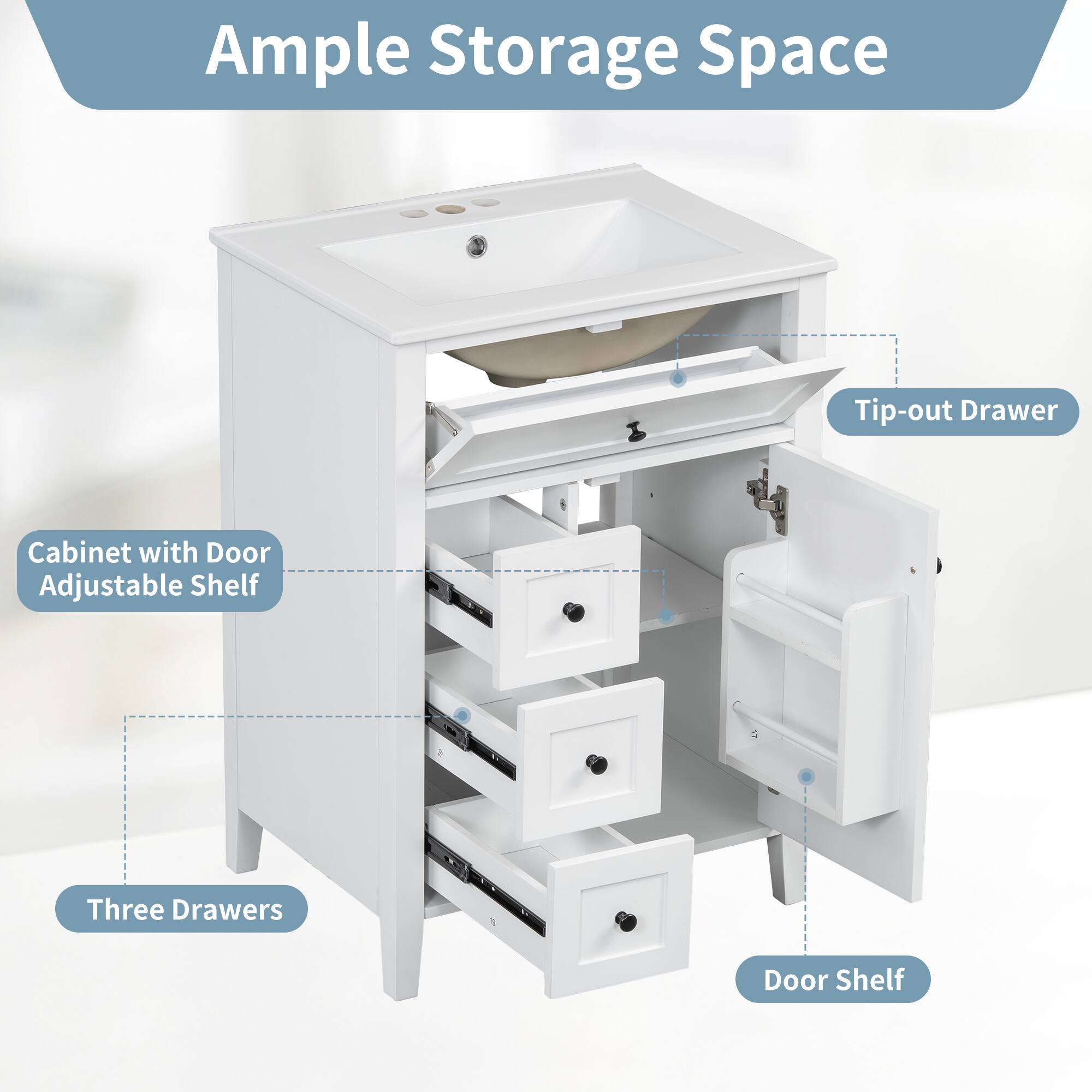 Ample Storage Space  
Tip-out Drawer  
Cabinet with Door Adjustable Shelf  
Three Drawers  
Door Shelf