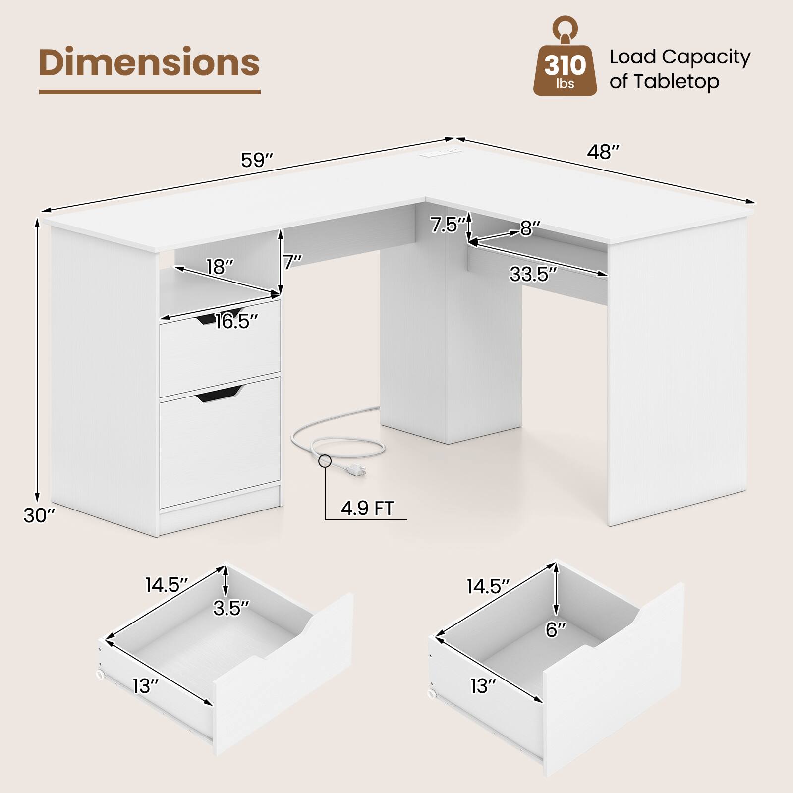Dimensions:  
- Load Capacity: 310 lbs  
- Tabletop: 59" x 48"  
- Height: 7.5"  
- Drawer: 18" x 7"  
- Cabinet: 33.5" x 16.5"  
- Width: 30"  
- Depth: 4.9 FT  
- Shelf: 14.5" x 3.5"  
- Bottom Drawer: 14.5" x 6"  
- Bottom Shelf: 13"
