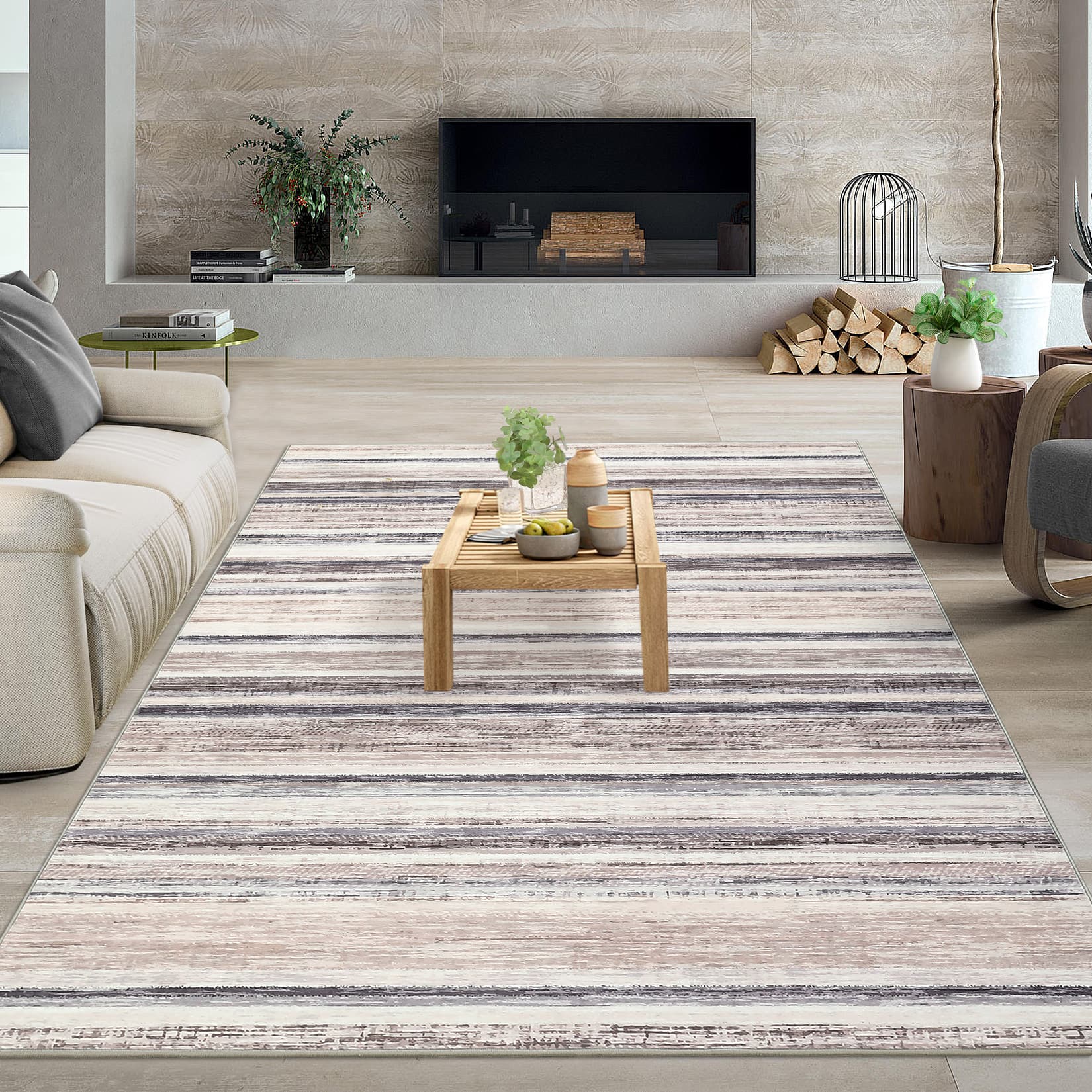 Acekool - Rug for Living Room 10x13 Washable Rug Modern Striped Area Rugs - Brown