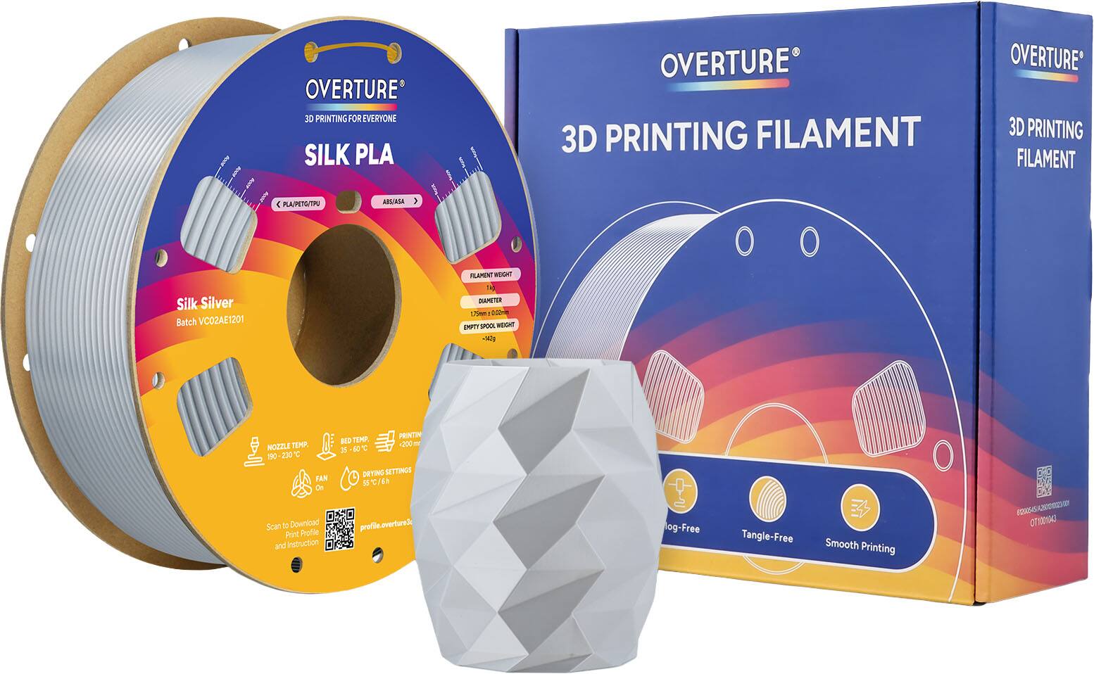 OVERTURE 3D PRINTING FOR EVERYONE  
SILK PLA  
OVERTURE 3D PRINTING FILAMENT  

PLA/PETG/TPU ABS/ASA  

FILAMENT WEIGHT  
Silk Silver  
Batch VC02AE1201  

DIAMETER  
1.75mm  

EMPTY SPOOL WEIGHT  
-342g  

NOZZLE TEMP.  
190-230°C  

BED TEMP.  
60-110°C  

DRYING SETTINGS  
55°C/6h  

SCAN TO DOWNLOAD PRINT PROFILE AND INSTRUCTION  
profile.overture3  

Tangle-Free  
Smooth Printing  
CAORDITO