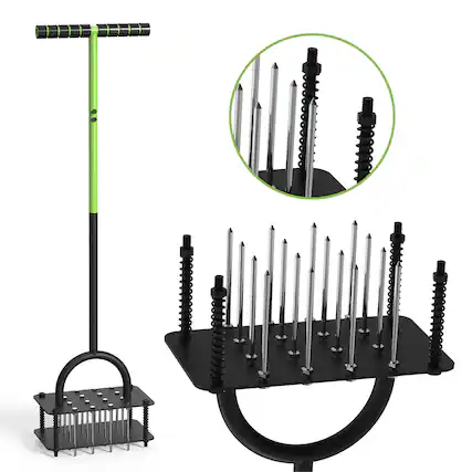 Front. Steelite - Heavy Duty Manual Core Lawn Aerator Tool with 16 Steel Spikes Long Handle & Wide Plate - Green.