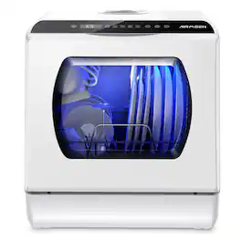 AIRMSEN - Portable Countertop Dishwasher with 5L Water Tank - 5 Washing Programs Tabletop Dishwasher - White