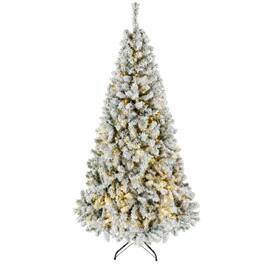 RYHNUYNE - 6FT Pre-Lit Flocked Fraser Fir Christmas Tree With LED Lights and Hinged Branches, Foldable Metal Base - White