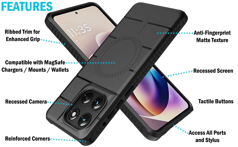 FEATURES

- Ribbed Trim for Enhanced Grip
- Anti-Fingerprint Matte Texture
- Compatible with MagSafe Chargers / Mounts / Wallets
- Recessed Screen
- Recessed Camera
- Reinforced Corners
- Tactile Buttons
- Access All Ports and Stylus
