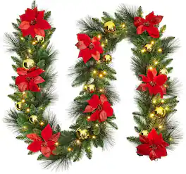 Jojoka - 9-ft Christmas Garland Artificial for Stair Railing Wedding Party Indoor Outdoor Decor - Green