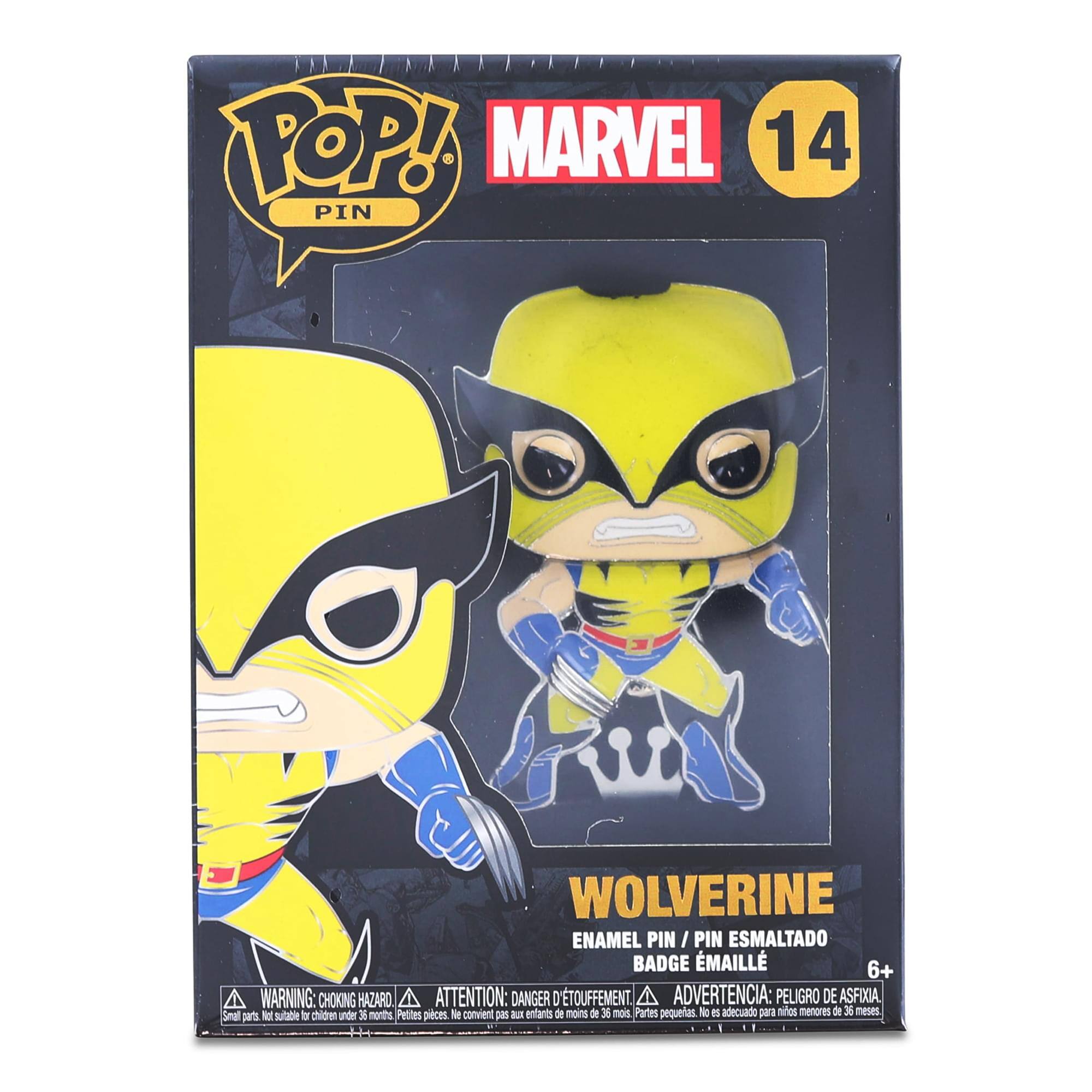 Sure, here is the corrected and grouped text from the image:

---

**POP! PIN**

**MARVEL 14**

**WOLVERINE**

**ENAMEL PIN / PIN ESMALTADO / BADGE ÉMAILLE**

**WARNING: CHOKING HAZARD**  
**ATTENTION: DANGER D'ÉTOUFFEMENT**  
**ADVERTENCIA: PELIGRO DE ASFIXIA**  
**Small parts. Not suitable for children under 36 months.**  
**Petites pièces. Ne convient pas aux enfants de moins de 36 mois.**  
**Partes pequeñas. No es adecuado para niños menores de 36 meses.**

**6+**

---