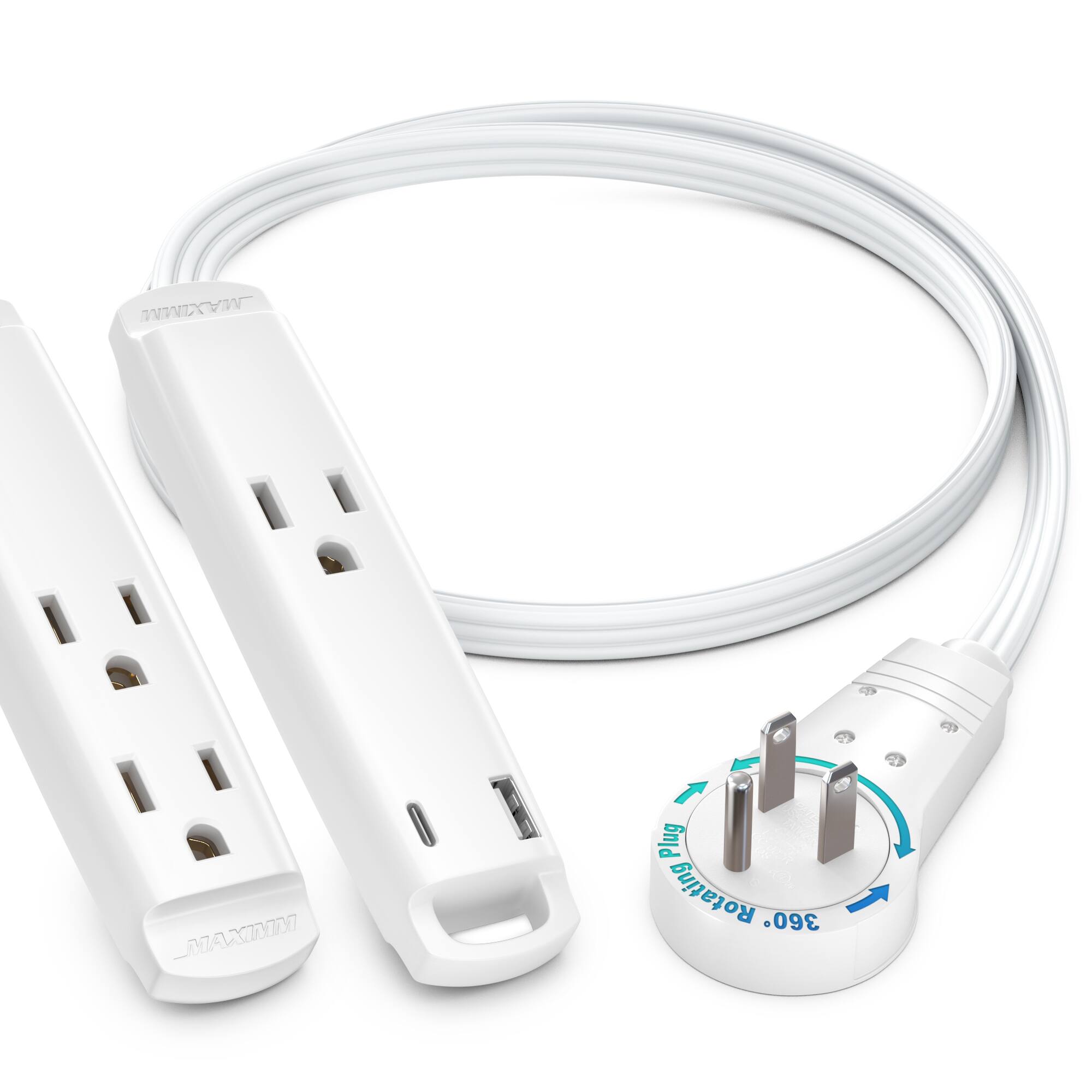 Maximm - 360° Rotating Flat Plug Extension Cord 3-Outlet with USB-C and USB-A Ports 1FT, 3-Prong Flat Wire 16AWG, UL Certified - White
