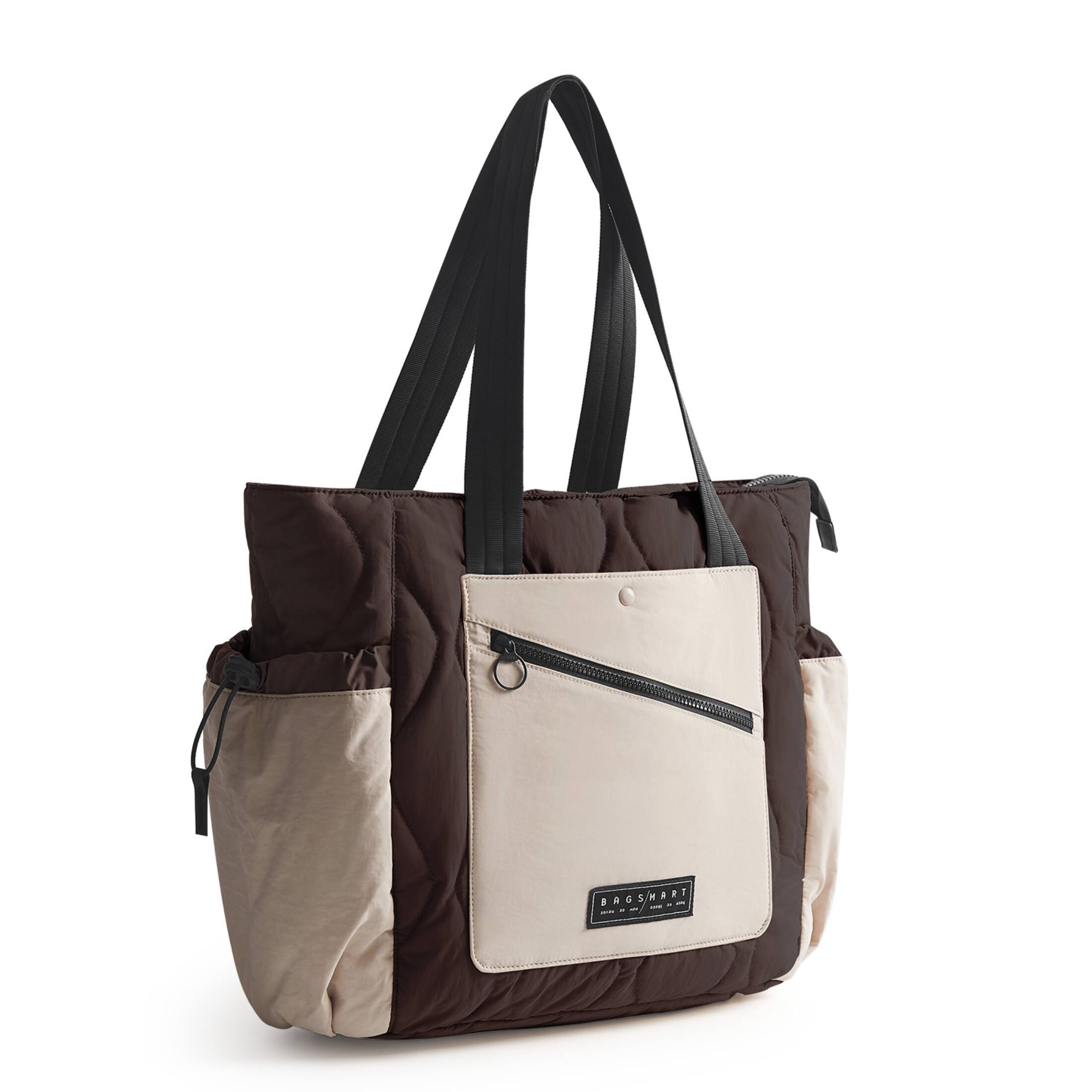 Angle. Bagsmart - Paz 23L Quilted Travel Tote Bag, Lightweight Work Shoulder Bag with 15.6 Inch Laptop Compartment, Casual Daypack Handbag - Coffee.