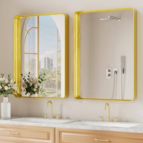 Live At Space - Black Bathroom Mirror For Wall 22x30 Inch Matte Metal Deep Framed Rounded Corner Shatterproof Tempered Glass Farmhouse - Gold-30"L x 71"W