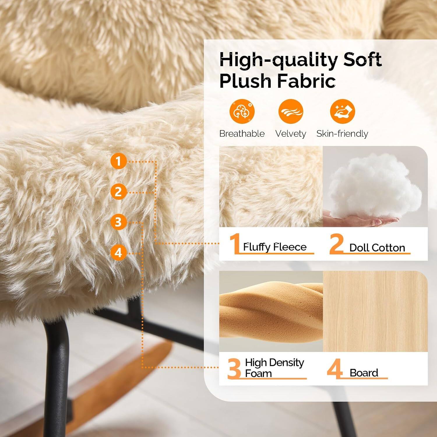 High-quality Soft Plush Fabric

Breathable Velvety Skin-friendly

1 Fluffy Fleece
2 Doll Cotton
3 High Density Foam
4 Board
