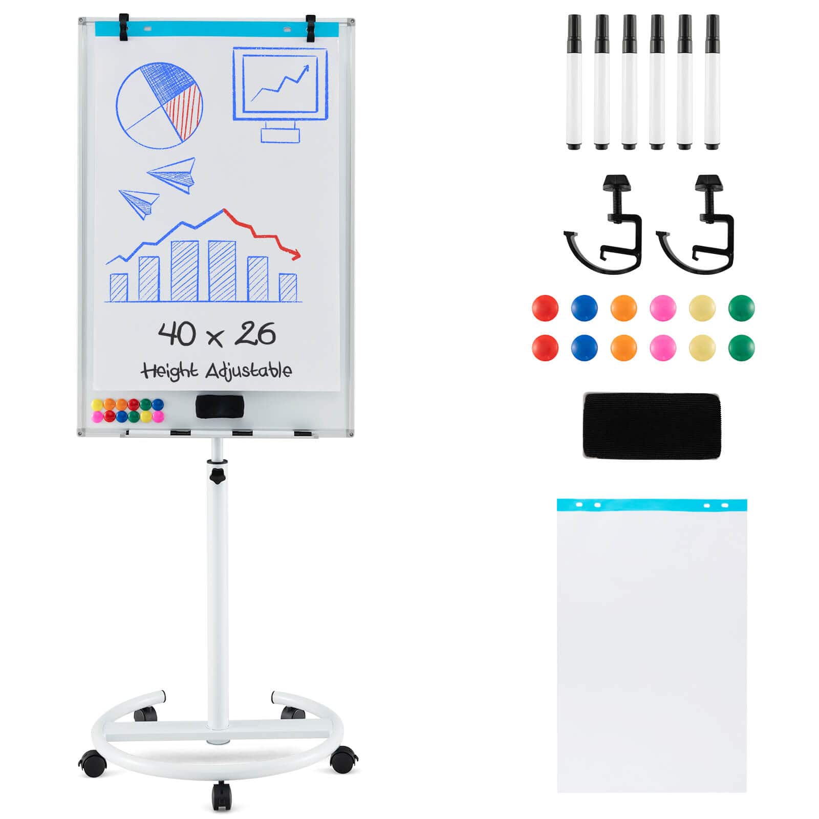 Costway - Mobile Whiteboard 40" x 26" Height Adjustable Magnetic Dry Erase Board with Stand - White