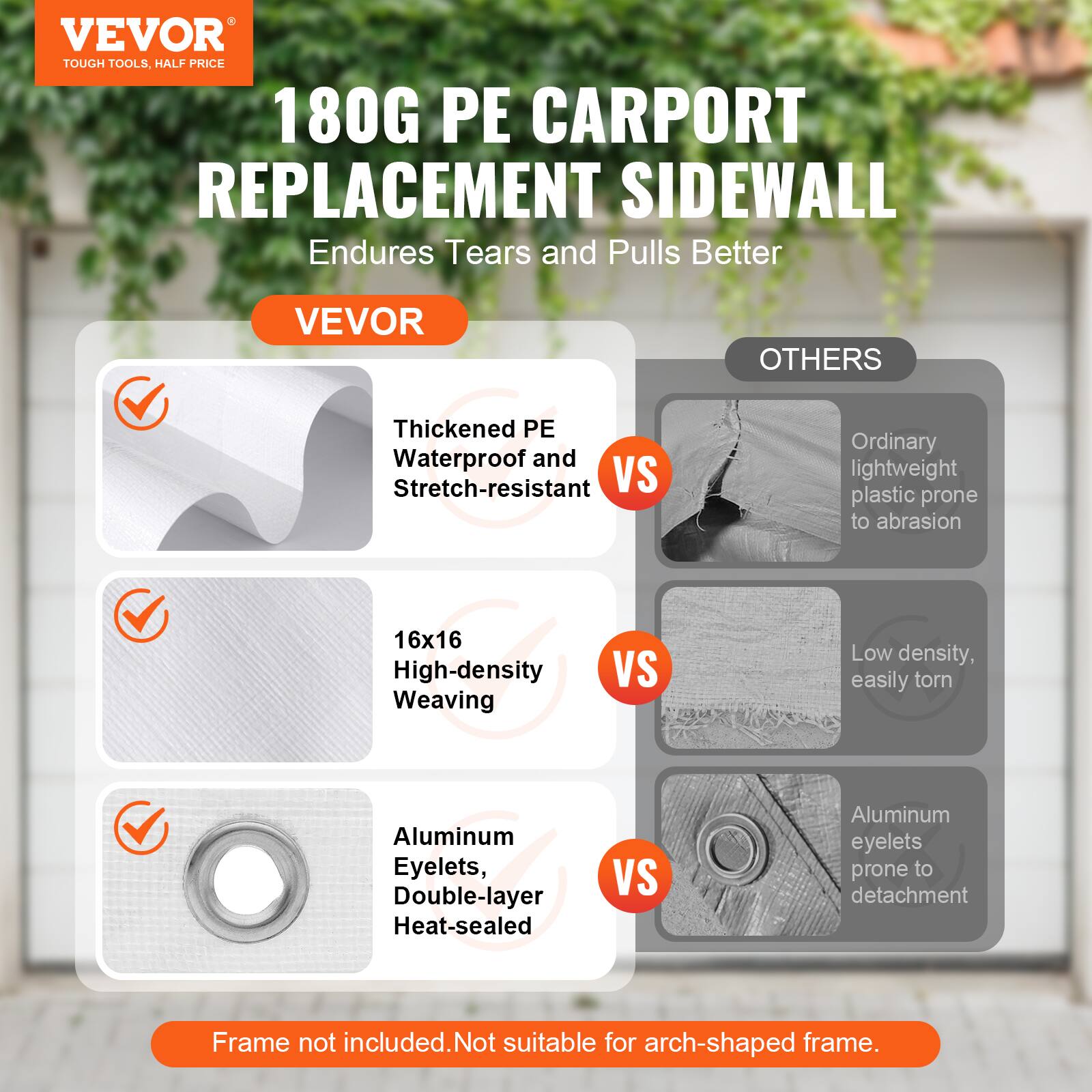 VEVOR TOUGH TOOLS. HALF PRICE 180G PE CARPORT REPLACEMENT SIDEWALL Endures Tears and Pulls Better

VEVOR
Thickened PE Waterproof and Stretch-resistant VS Ordinary lightweight plastic prone to abrasion
16x16 High-density Weaving VS Low density, easily torn
Aluminum Eyelets, Double-layer Heat-sealed VS Aluminum eyelets prone to detachment

Frame not included. Not suitable for arch-shaped frame.