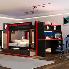 Whisen - Full Size Multifunctional Bunk Bed with LED Lights, Integrated Desk, Shelves & Drawers-Red+ - Black