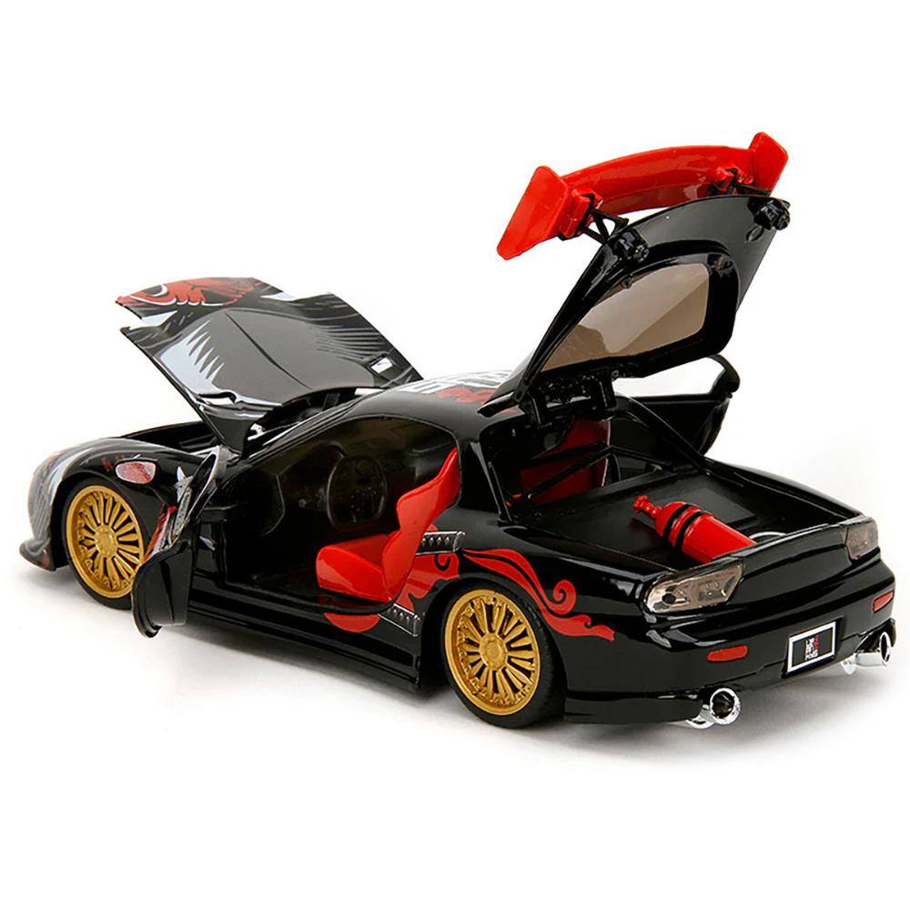Left. Jada - 1993 Mazda RX-7 Black with Graphics "Lab Monkeys" with Saru Diecast Figure "Hollywood Rides" Series 1/24 - Black.