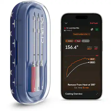 1. End Cook
2. St. Louis-Style Ribs
3. Probe 2
4. Careful, probe is hot.
5. Ambient: 156.4
6. Target: 205
7. Internal: 180.0
8. Remove From Heat at 205
9. Est. time: 51 min
10. Cooking Overview