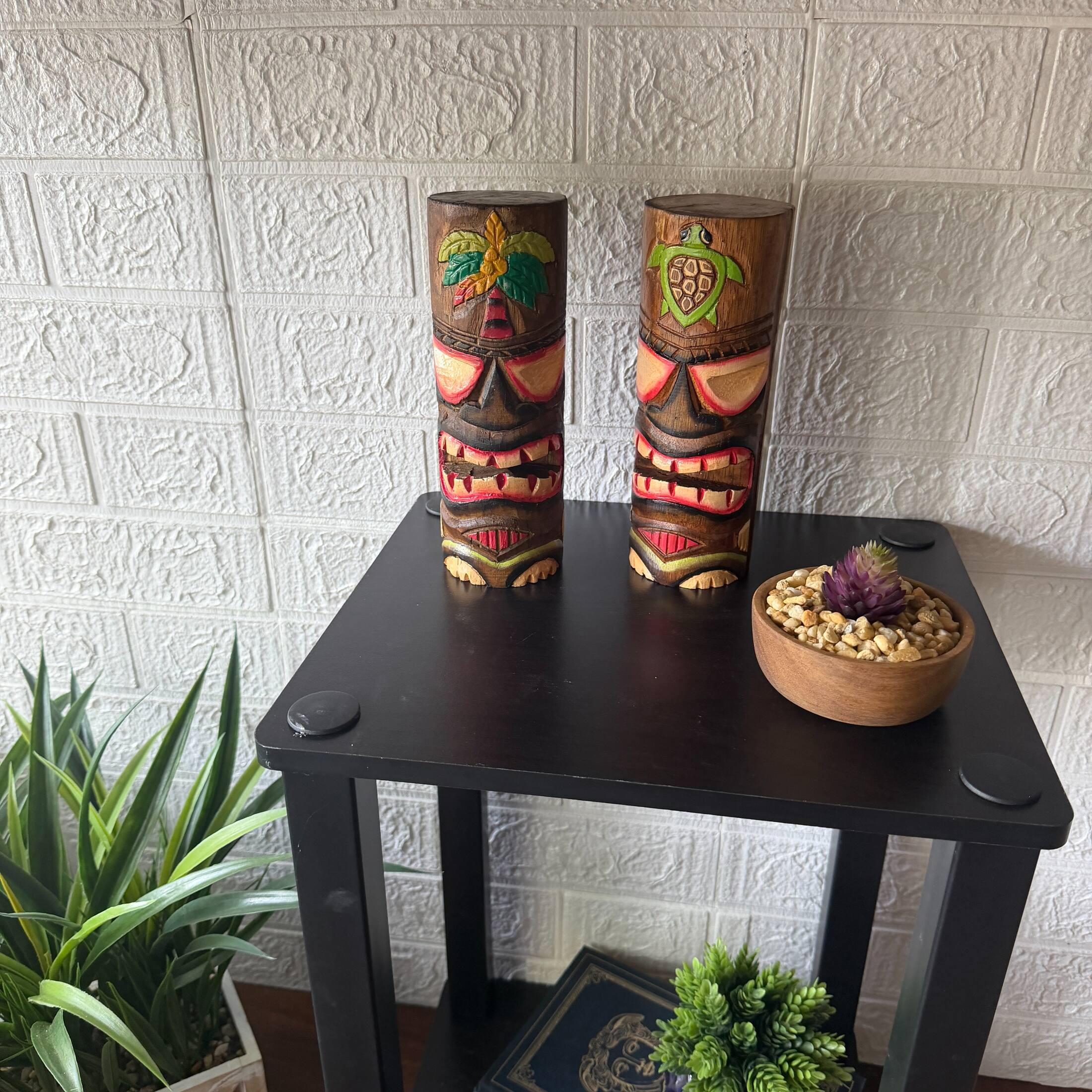 Alt View 4. Things2Die4 - Hand Carved Wood Tiki Totem Pole Statues Set of 2 8 Inch Tall Turtle Palm Decor - Brown.