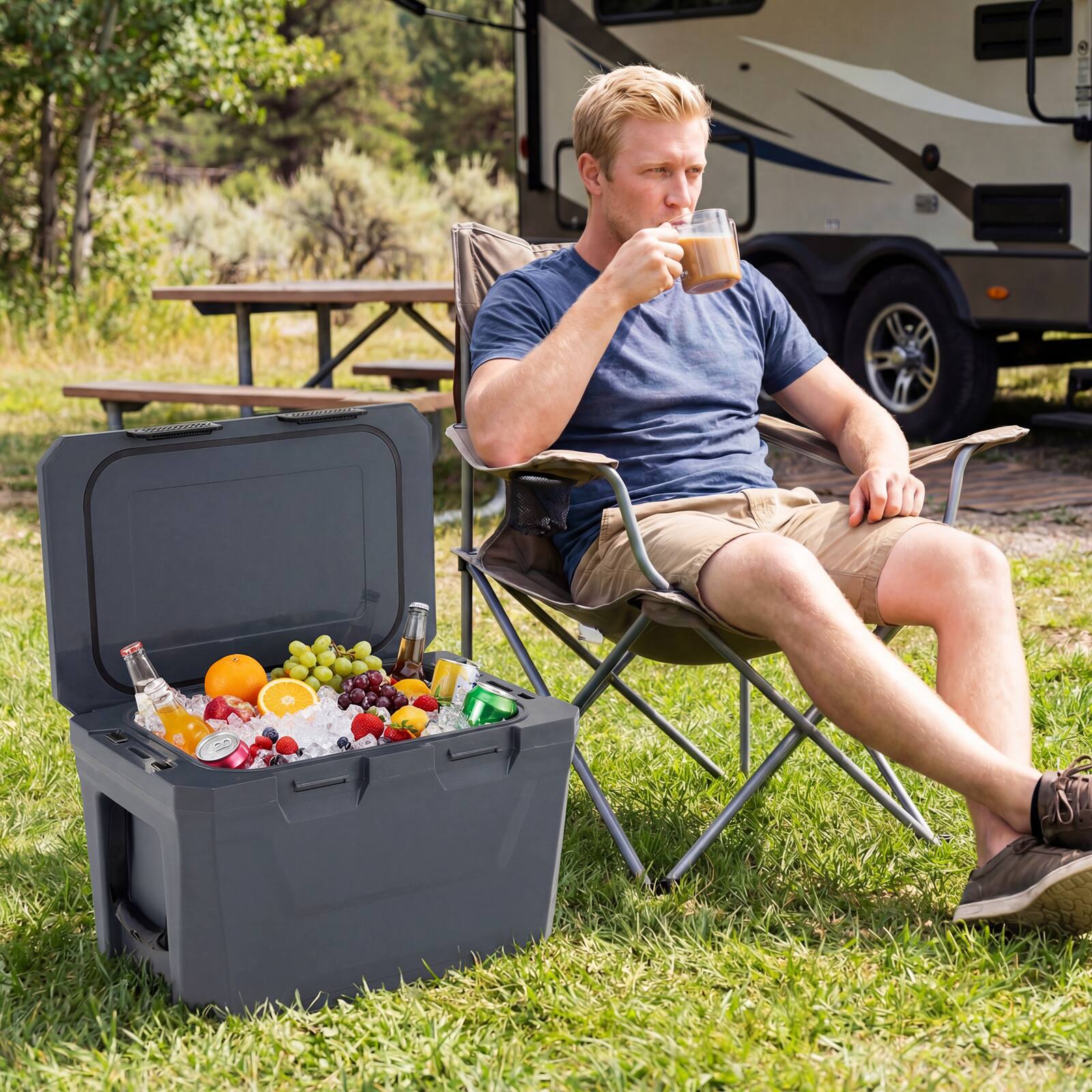 Alt View 3. Gymax - Gymax 37 QT Insulated Portable Cooler w/2 Cup Holders Bottle Opener & Drain Plug Gray - Gray.