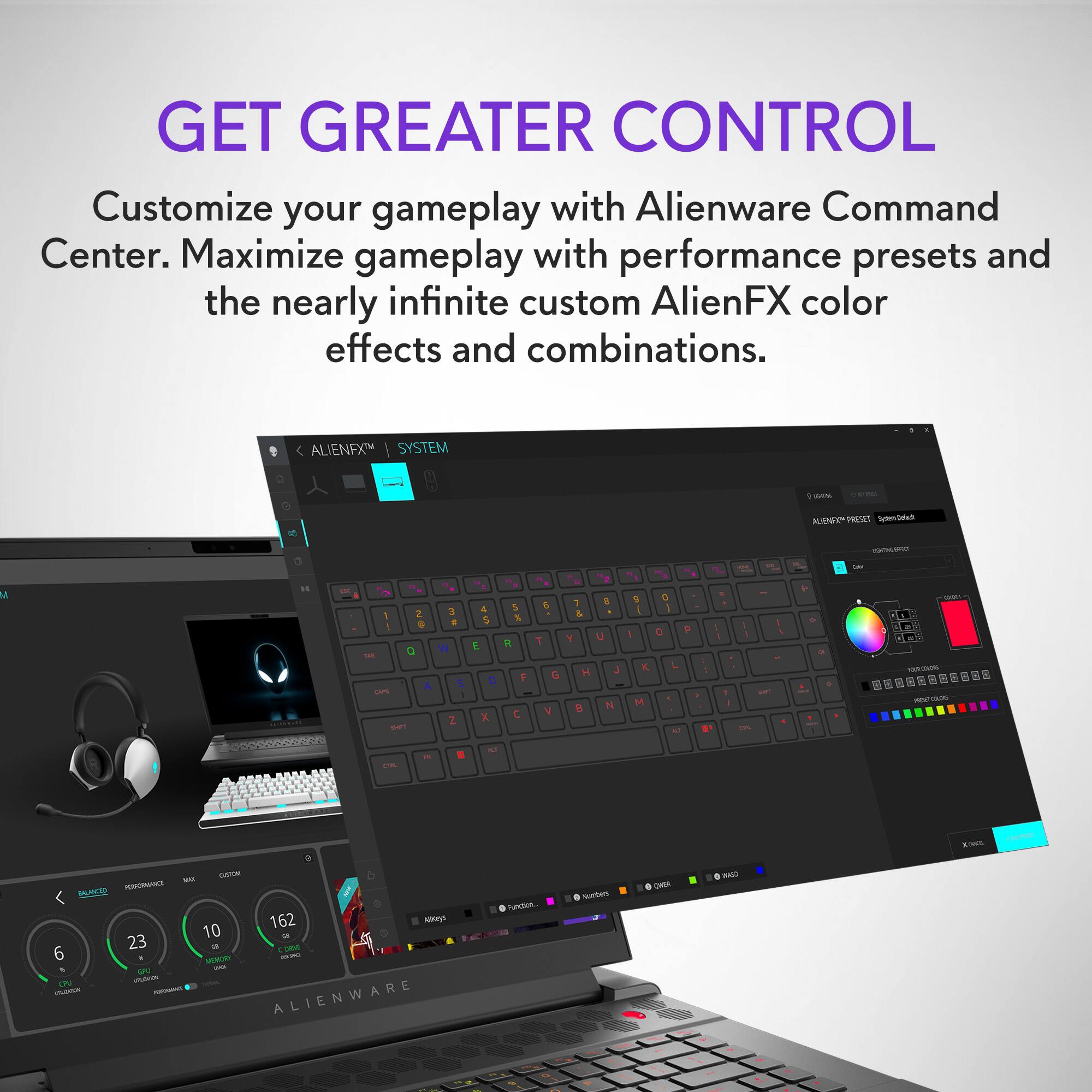 Get Greater Control Customize your gameplay with Alienware Command Center. Maximize gameplay with performance presets and the nearly infinite custom AlienFX color effects and combinations.