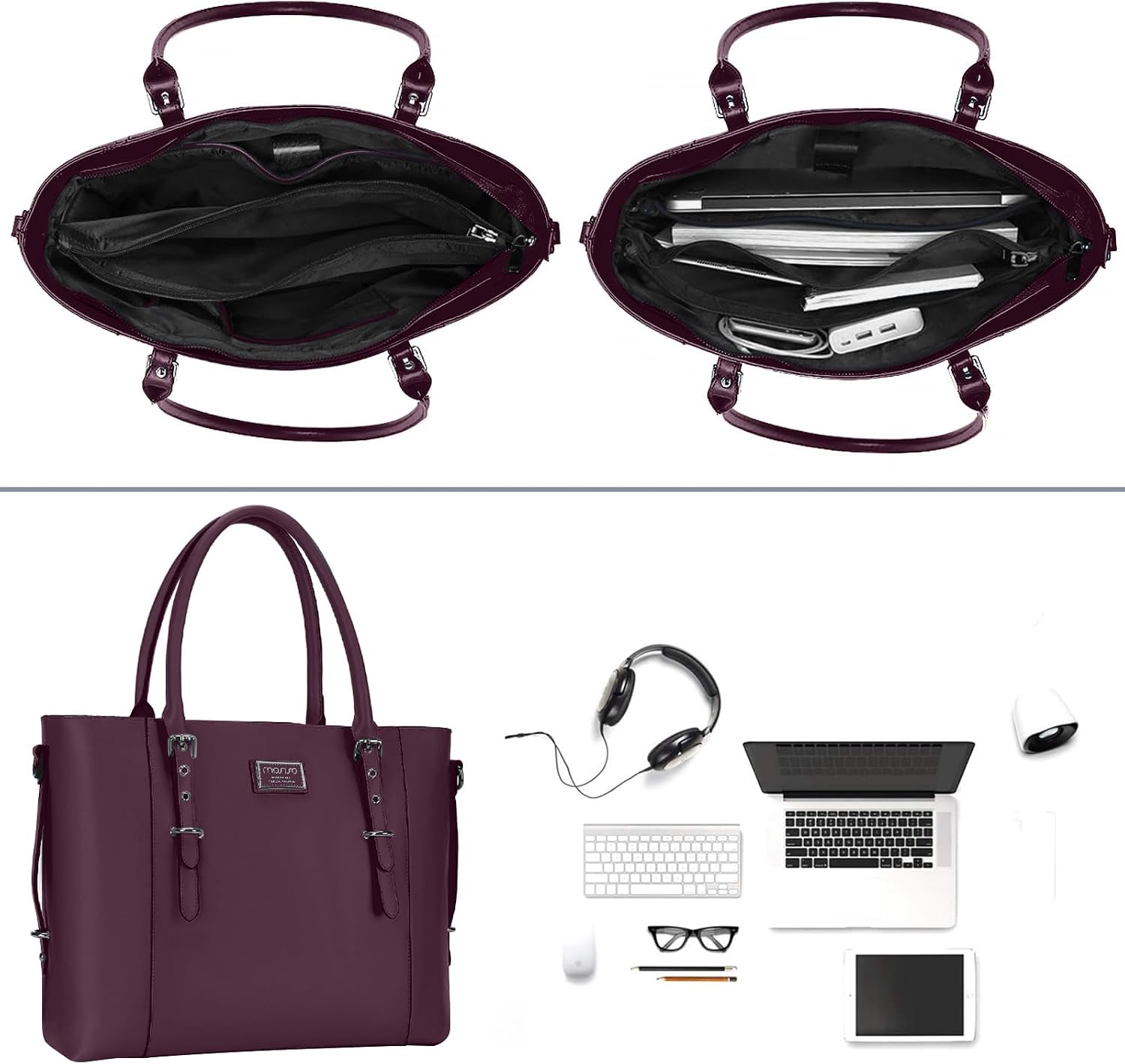 Left. mosiso - Waterproof PU Leather Laptop Bag for Women 15.6 Inch, Vintage Briefcase Shoulder Tote Computer Bag for Work & Office - Plum.