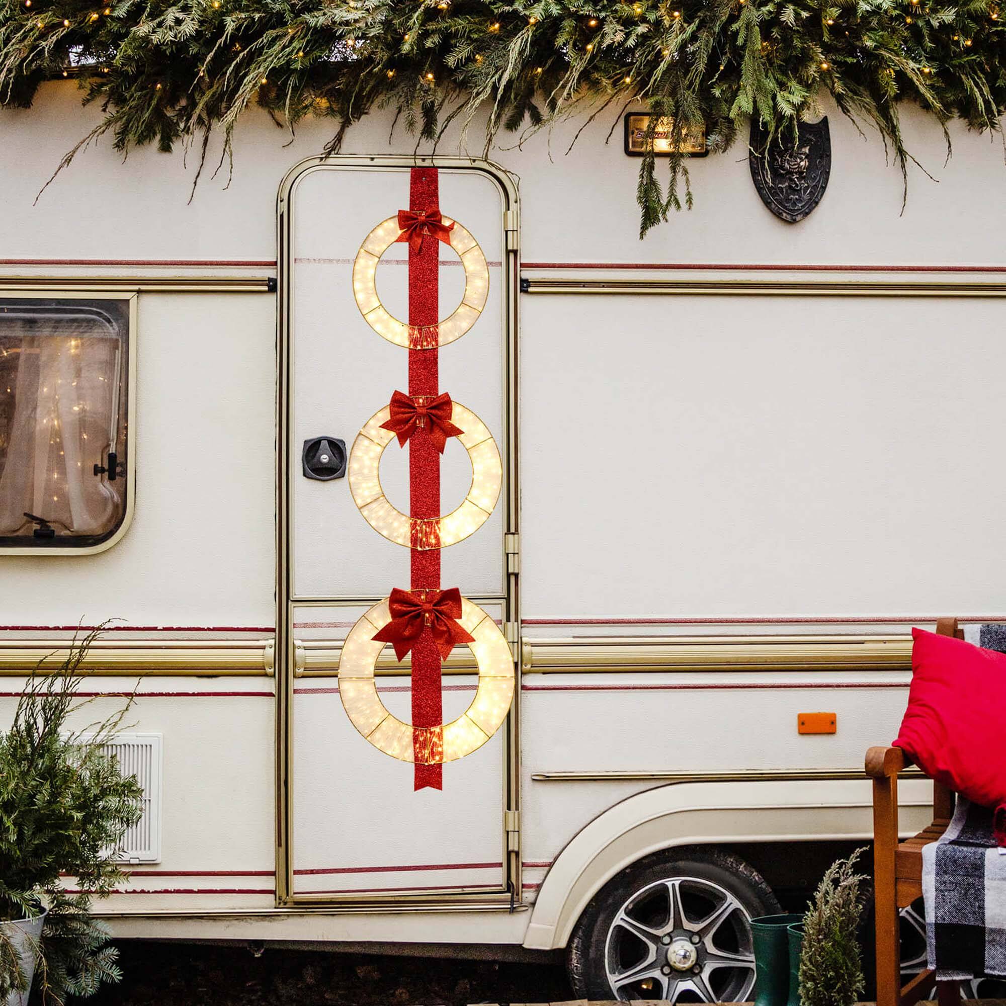 Alt View 9. Costway - Costway Set of 3 Pre-Lit Wreaths with 450 LED Lights Bows & Hanging Hook for Doors - Red.