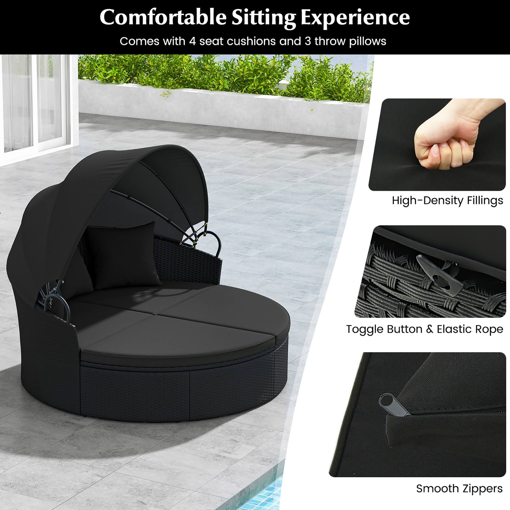 Comfortable Sitting Experience  
Comes with 4 seat cushions and 3 throw pillows  

- High-Density Fillings  
- Toggle Button & Elastic Rope  
- Smooth Zippers