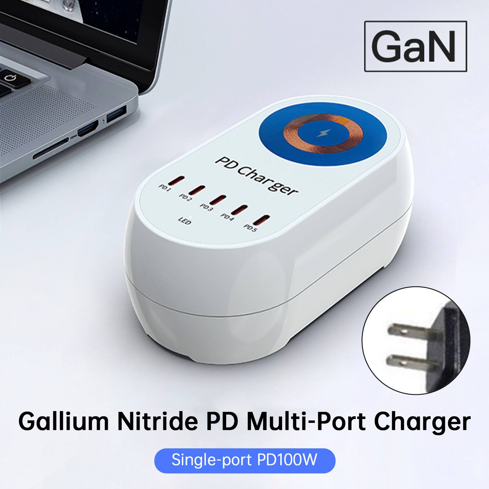 GaN PD FO1 Char FO2 ger P03 LED PD4 PD5 Gallium Nitride PD Multi-Port Charger Single-port PD100W