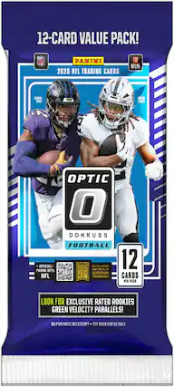 12-Card Value Pack!
Panini 2025 NFL Trading Cards
NFLPA
Optic 0
Donruss Football
12 Cards Per Pack
Look for Exclusive Rated Rookies Green Velocity Parallels!
No Purchase Necessary - See Back for Details