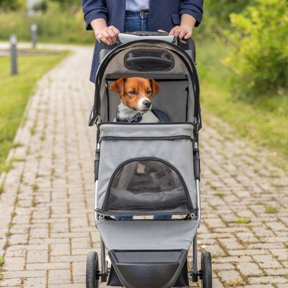 Angle. TRIXIE - 3-Wheeled Foldable Dog & Cat Stroller with Canopy and Storage Compartments - Gray.
