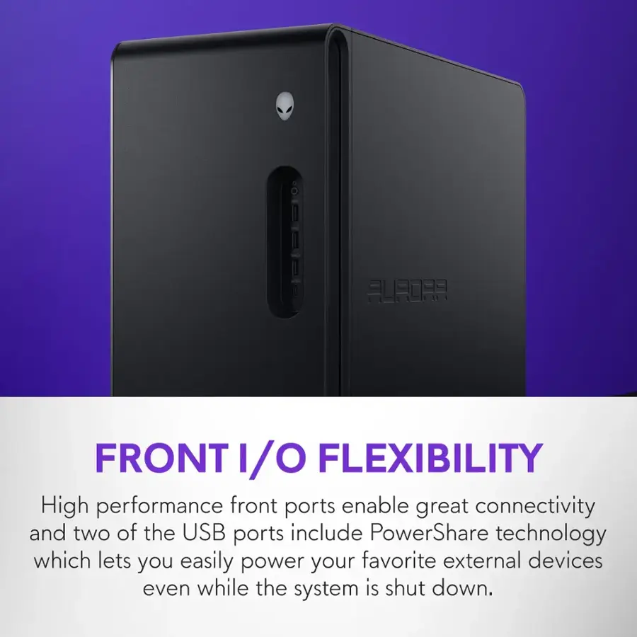 Front I/O Flexibility: High performance front ports enable great connectivity and two of the USB ports include PowerShare technology, which lets you easily power your favorite external devices even while the system is shut down.