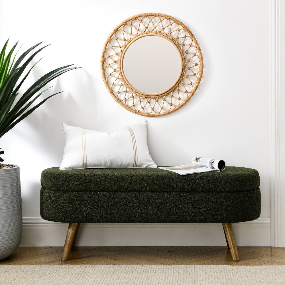Back. Ropilly - Ropilly Green Oval Storage Ottoman Bench with Rubber Wood Legs, Pleated Fabric Footstool Seat for Living Room, 43.5 Inch - Green.