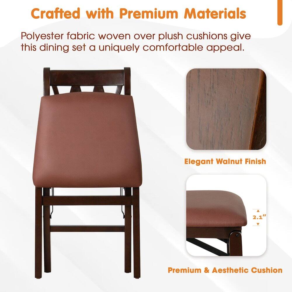 Crafted with Premium Materials

Polyester fabric woven over plush cushions give this dining set a uniquely comfortable appeal.

Elegant Walnut Finish

Premium & Aesthetic Cushion

2.1"
