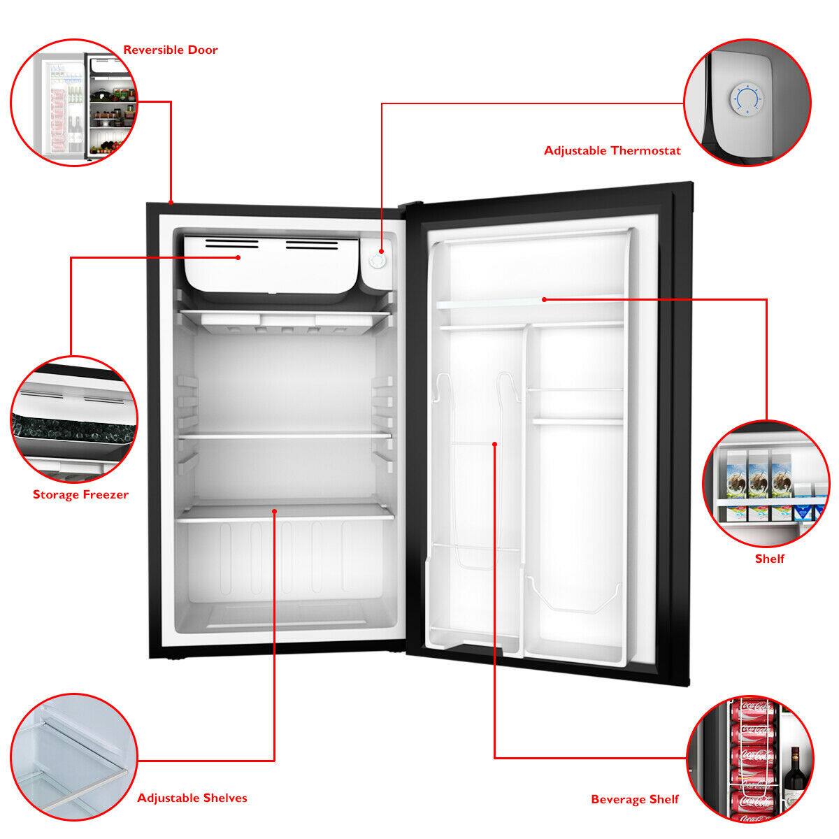 Reversible Door  
Adjustable Thermostat  
Storage Freezer  
Adjustable Shelves  
Beverage Shelf  
Shelf